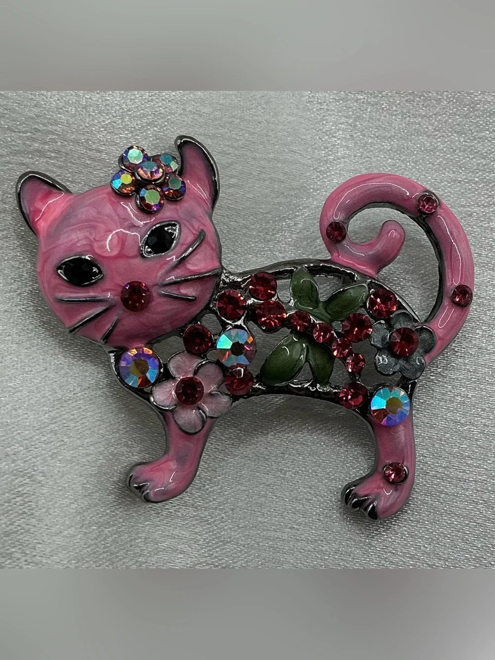 SWIRLED PINK ENAMEL RED AND AB FLORAL RHINESTONE KITTEN CAT BROOCH NWOT